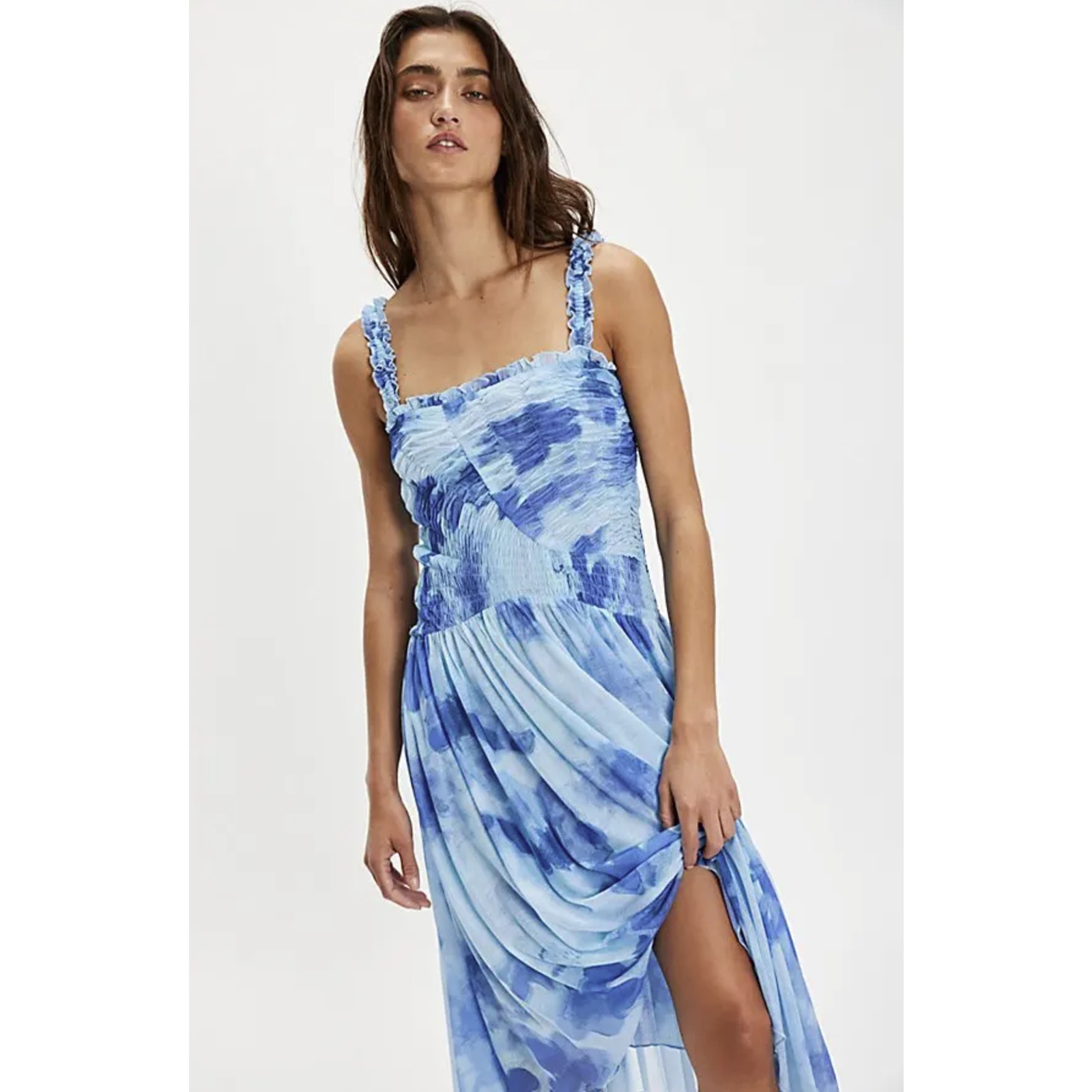 Nwt Free People Tessa Smocked Midi Dress In Baby Blue Combo